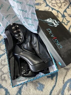 Devious Indulge Black Faux Leather Thigh Boots